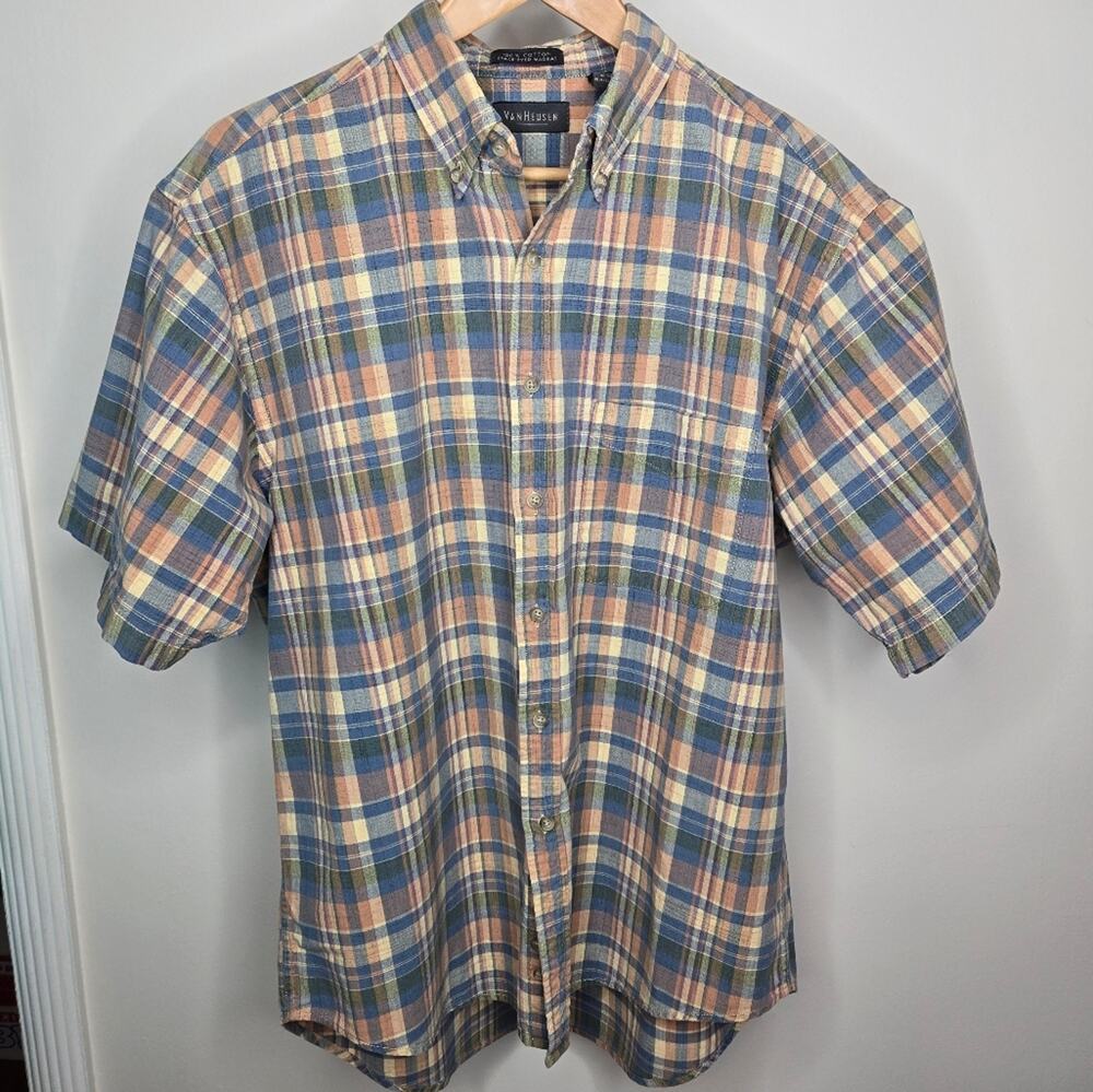 Van Heusen Mens Madras Plaid Collared Button Front Short Sleeve Shirt Size L